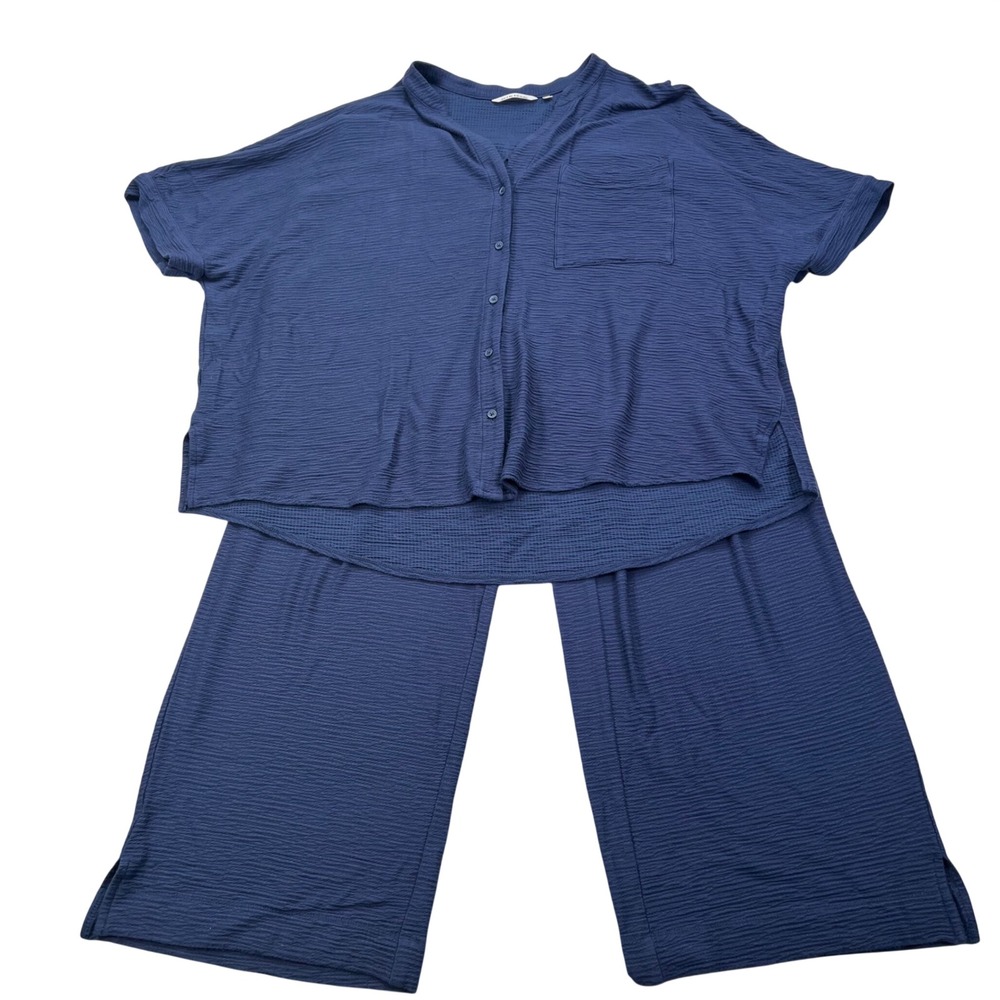 24/7 by Soma Large Crinkle Knit Set Button Up Top Wide Leg Pant Blue Loungewear